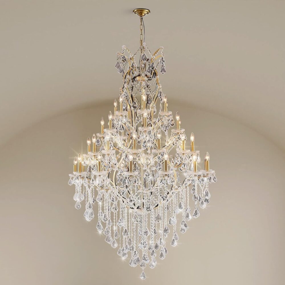44-Lights Large Crystal Chandelier for High Ceilings, Brass Chandelier Modern Light Fixture Maria Theresa Chandeliers for Foyer Entryway Staircase Living Lobby, H75.2 x D49.2-Included Bulbs