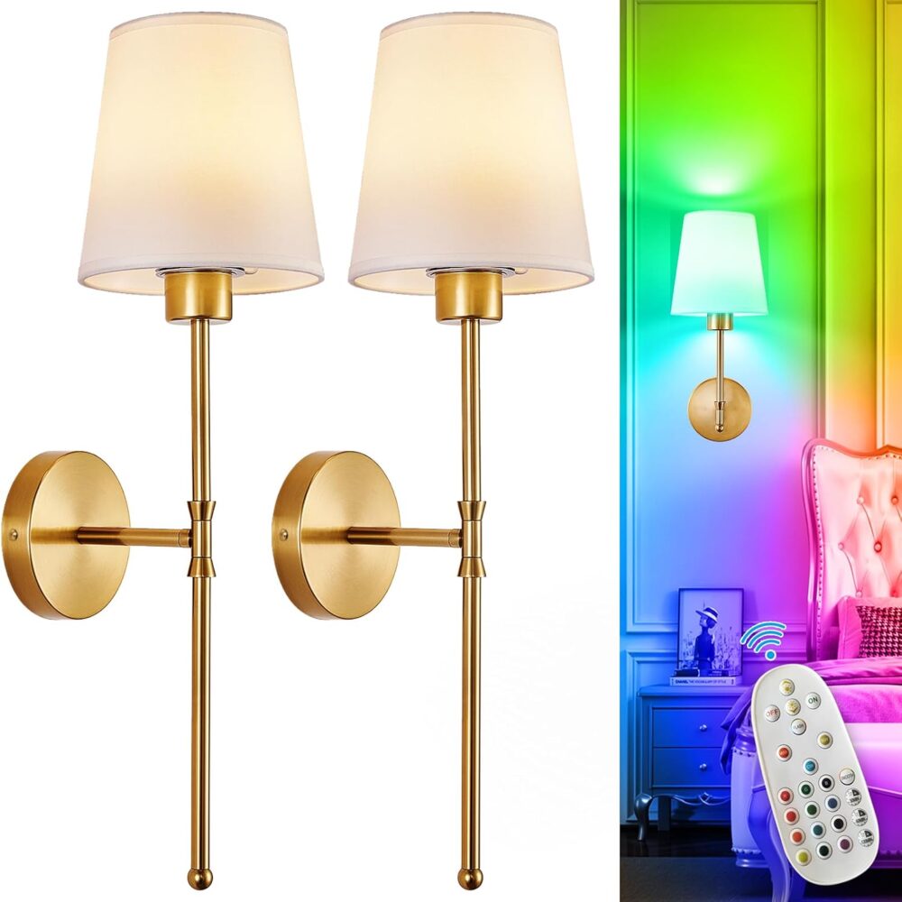 Depuley Battery Operated Wall Sconce: Set of 2 Wireless Wall Lights with 10000mAh Dimmable Bulbs and Remote for Bedroom - Rechargeable 15 Colors Gold Wall Lamp for Living Room Hallway